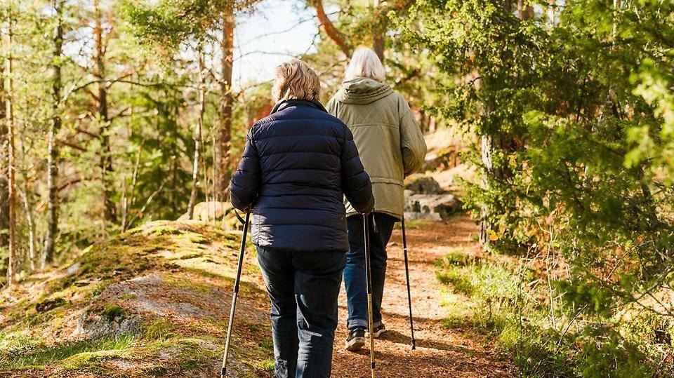 Två äldre kvinnor promenerar tillsammans i skogen vid Duse udde