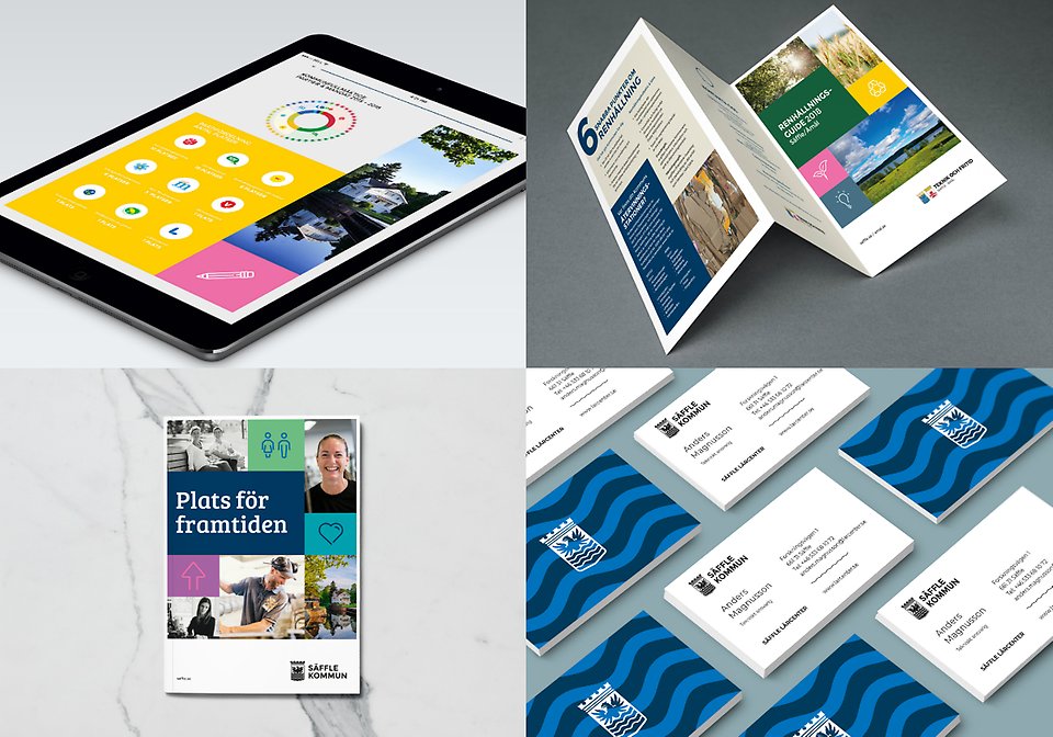 En surfplatta, en broschyr, en folder och visitkort som visar olika exempel på Säffle kommuns grafiska profil